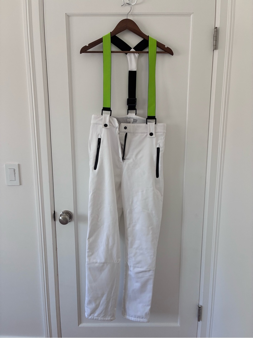 Topshop White Snow Pants with Black and Neon Green Suspenders